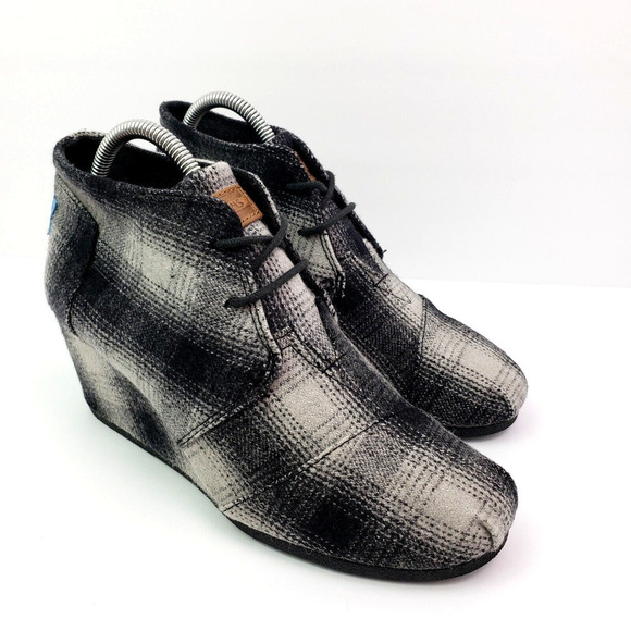 Toms Womens Size 10 Black Gray Plaid Wool Blend Wedge Bootie Shoes 300912 - Picture 1 of 9